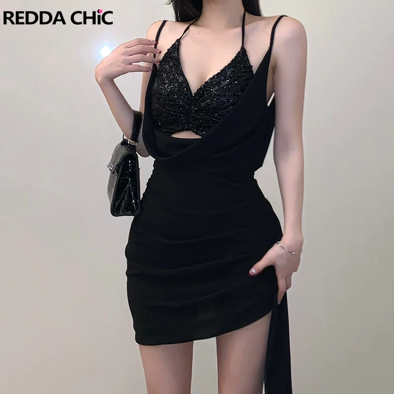 

ReddaChic Mock Cowl Neck Ruched Bodycon Women Sexy Sparkle Sequin Ribbon Sleeveless Mini Dress Evening Party Vintage Clothes