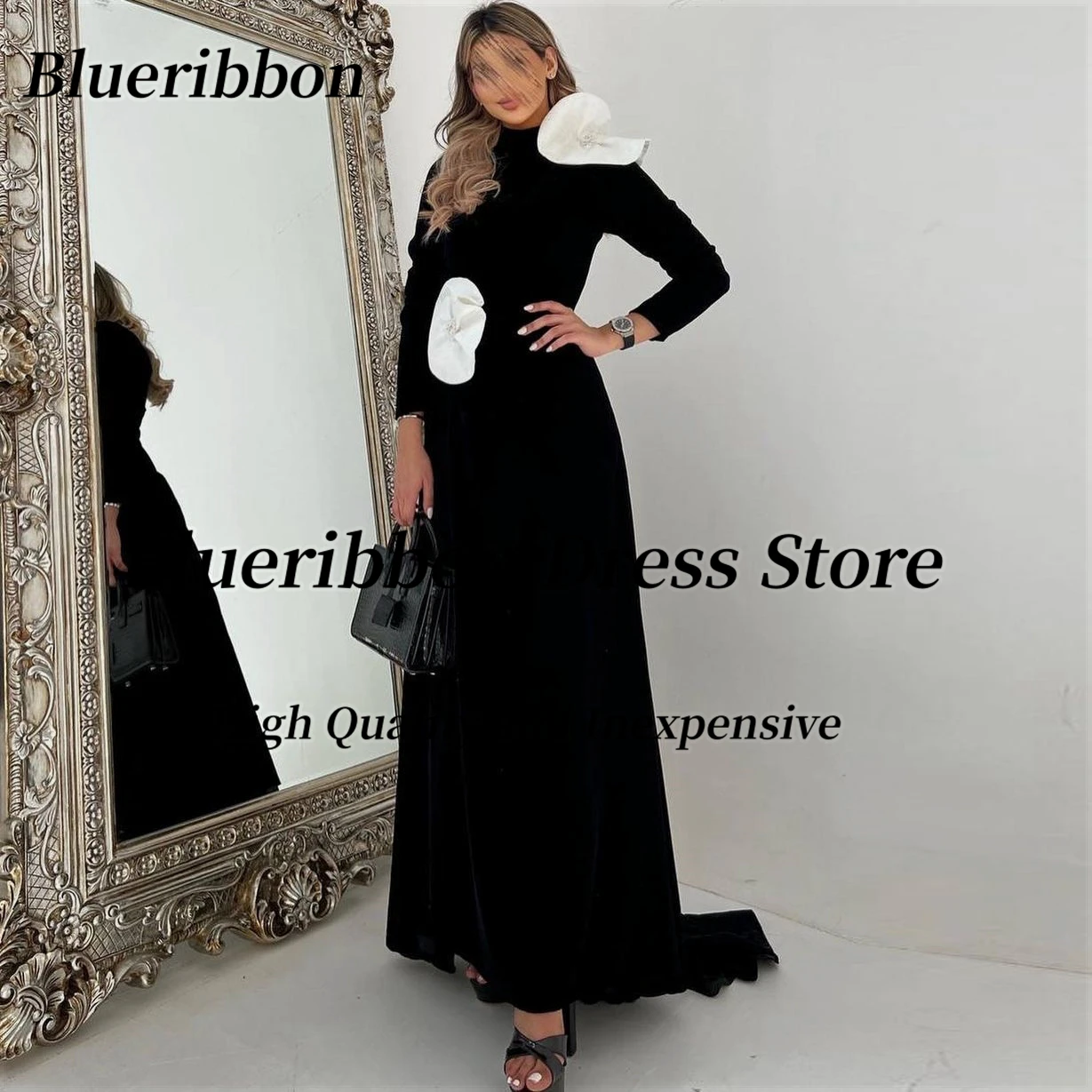 

Blueribbon Elegant High Collar Evening Dresses Dubai Party Women Long Sleeves Black Prom Dress White Flowers Wedding Guests Wear