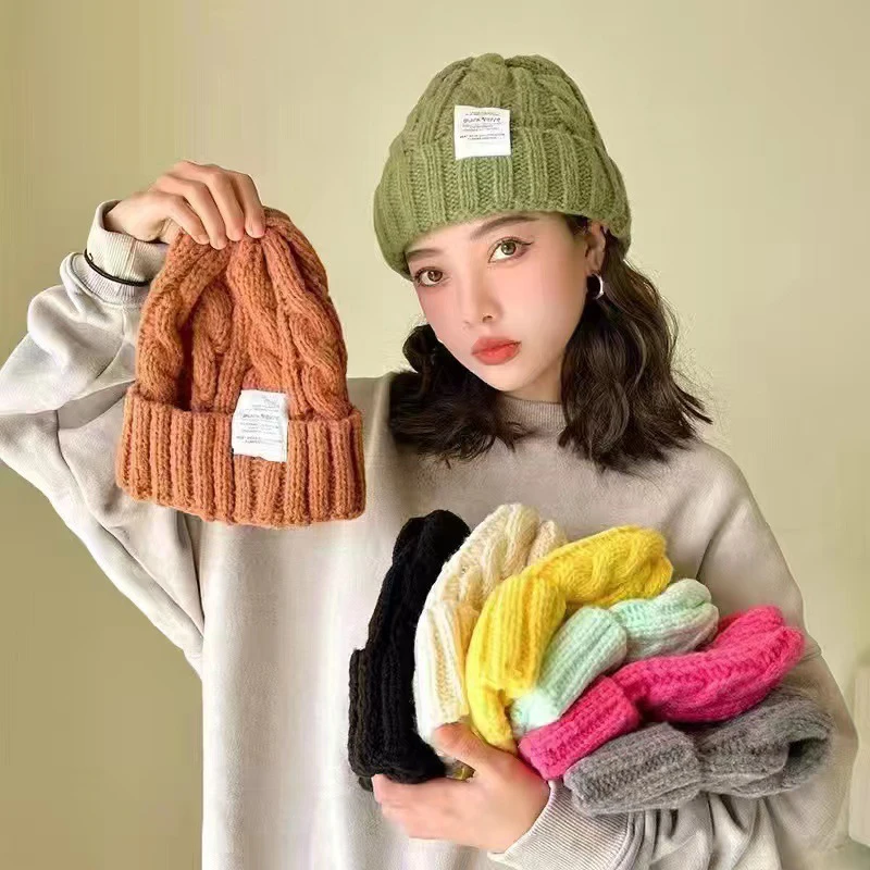 

Women Warm Thicken Knitted Hat Coarse Knitted Wool Cap Beanies Twist Female Bonnet Solid Fashion Fluffy Windproof Hat Casual