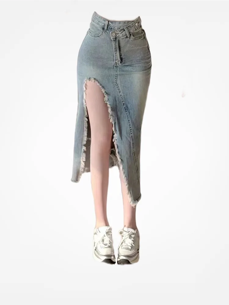 

American Gyaru Slim Asymmetrical Denim Skirt High Waist Blue Split Hem Sexy Jean Skirt Summer Women Fashion Coquette Design Midi