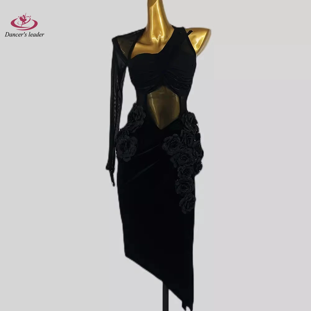 

Женский костюм для латиноамериканских танцев, высококачественный костюм для выступлений румбы, самбы, черного цвета, с одним рукавом, под заказ