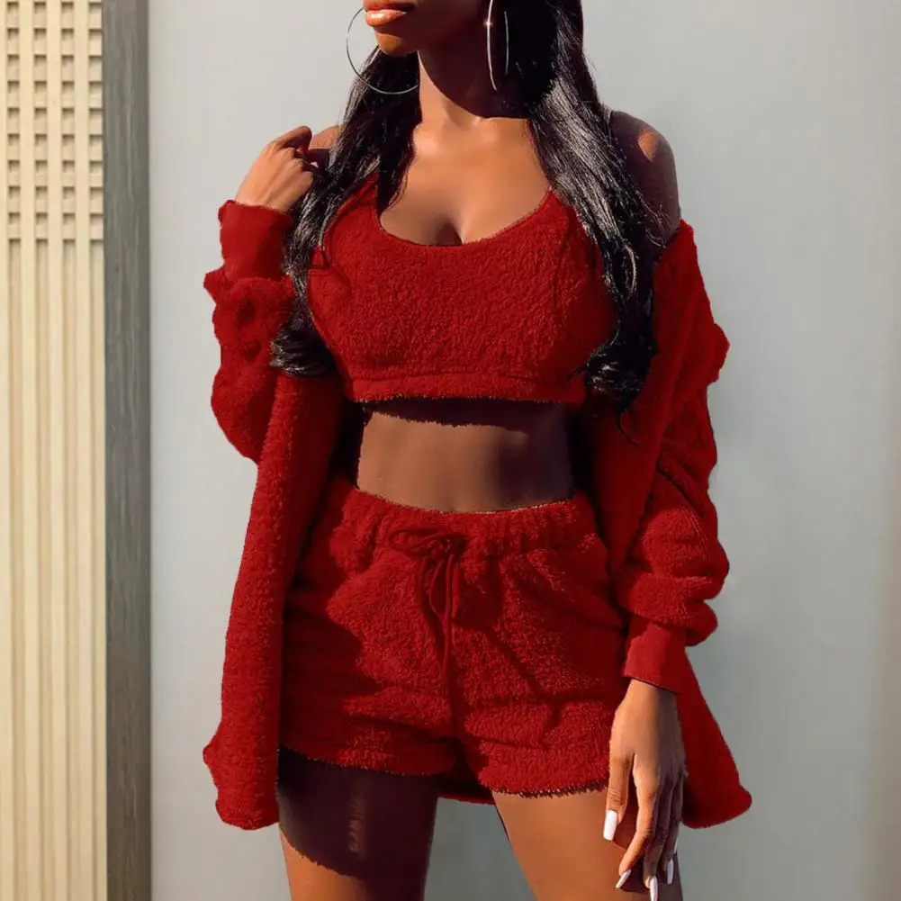 

Plush Women Tracksuits Sexy Hooded Fluffy Autumn Coat Crop Tops Shorts Set Plush Warm Sweatshirt Waist-exposed Tracksuit Set