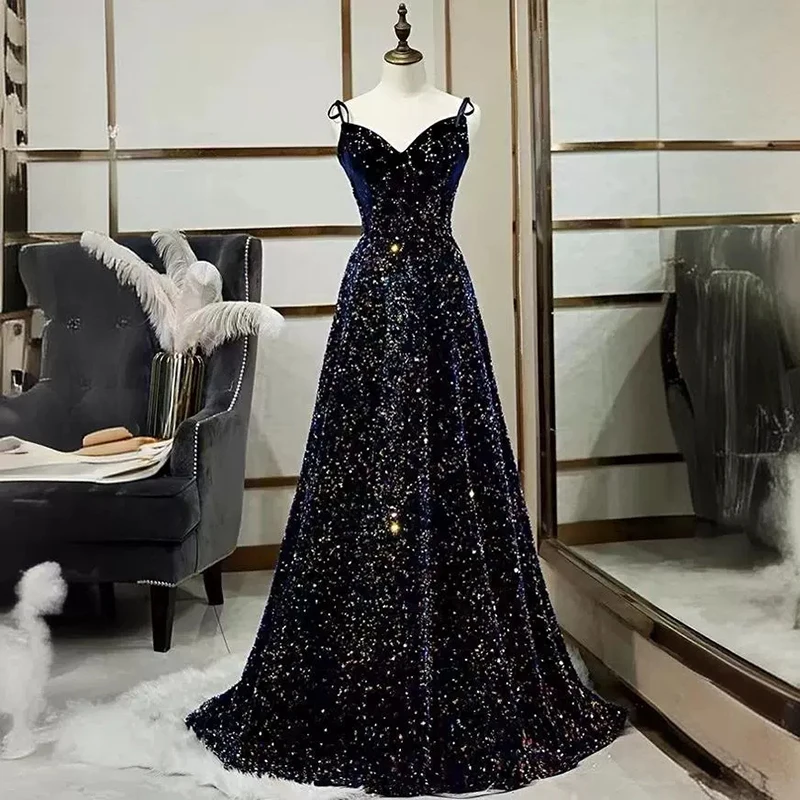 

Black Sequin Formal Dress For Wedding Elegant V-Neck Slim Fit Shiny Prom Gown Women Birthday Cocktail Party Camisole Dresses