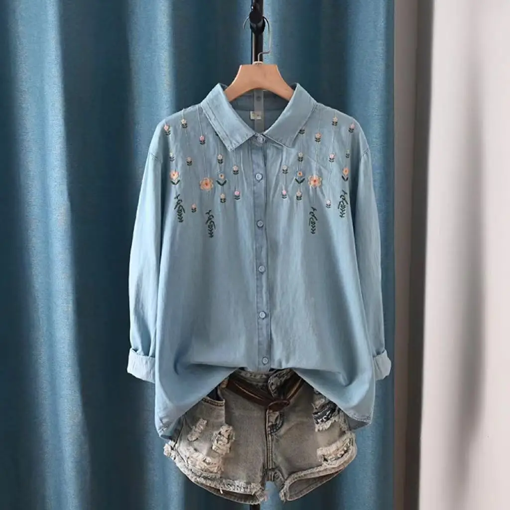 

Женская джинсовая рубашка с длинным рукавом, хлопковая блузка из денима в Корейском стиле Харадзюку с вышивкой y2k, джинсовый кардиган с отложным воротником в стиле девушки из леса, 100%
