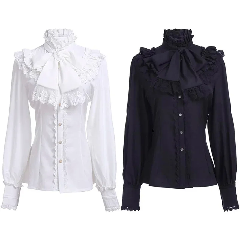 

Gothic Victorian Flounce Blouse Women OL Office Ladies Vintage Lolita Party High Neck Frilly Ruffle Cuffs Shirts Female Blouses