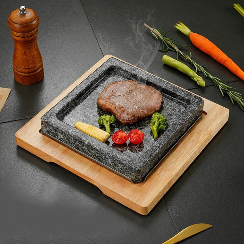 

Square Lava Stone Steak Plate with Wood Tray Cooking Hot Stones for Steak Indoor Grill Sizzling Hot Steak Stone Cooking Rock Set