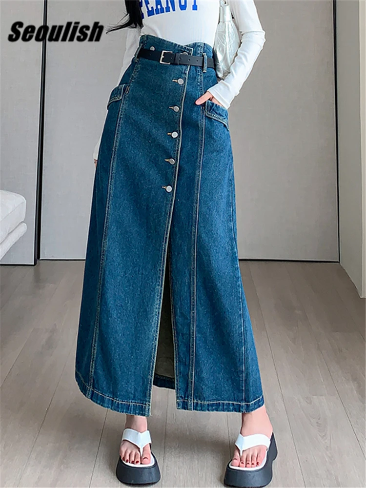 

Seoulish High Waist Single Breasted Women's Denim A-Line Long Skirts with Belted 2023 New Irregular Jeans Cowboy Skirts Female