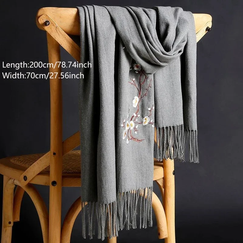 

Fashion Imitation Cashmere Scarf Embroidered Tassel Shawl Autumn Winter Warm Pashmina For Women Wraps Neck Protection 200*70cm