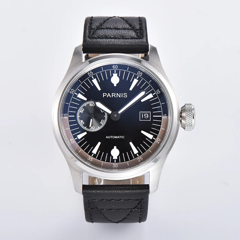 

2023 New Fashion Parnis 47mm Black Dial Automatic Mechanical Men's Watch Calendar Leather Strap Men Luxury Watches reloj hombre