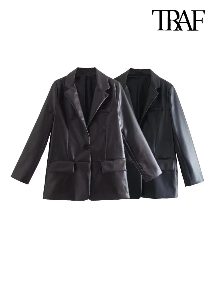 TRAF Women Fashion Front Button Faux Leather Blazer Coat Vintage Long Sleeve Flap Pockets Female Outerwear Chic Veste Femme
TRAF Women Fashion Front Button Faux Leather Blazer Coat Vintage Long Sleeve Flap Pockets Female Outerwear Chic Veste Femme