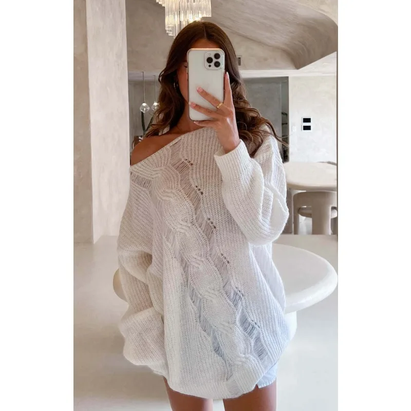 

New in Autumn Women Pullover Sweater Fashion Sexy Solid Loose Gradual Transparency Stripe Twisted Rope Knitwear Street Sweaters