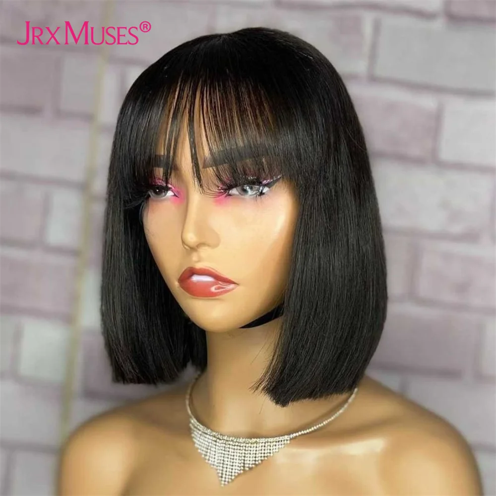 

Short Bob Fringe Wig Human Hair Wigs With Bangs Straight Brazilian Remy Blunt Cut Full Machine Made Glueless Wig For Black Women