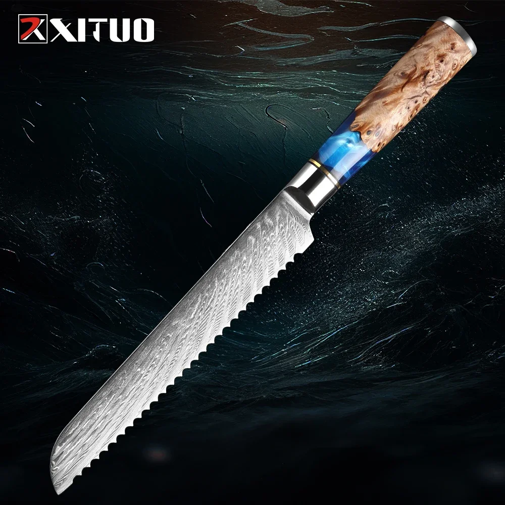 Damascus Steel Bread Knife Serrated Frozen Meat Knife Japanese Unique Blue Resin&Natural Wood Handle Sharp Damascus Bread Knife
Damascus Steel Bread Knife Serrated Frozen Meat Knife Japanese Unique Blue Resin&Natural Wood Handle Sharp Damascus Bread Knife