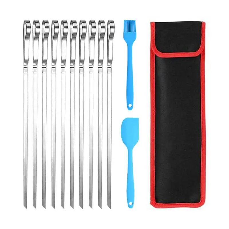 

10pcs Stainless Steel Barbecue Kabob Sticks BBQ Grilling Skewers Needles Pin Long Flat Cooking Stick Kitchen Tools Set Supply