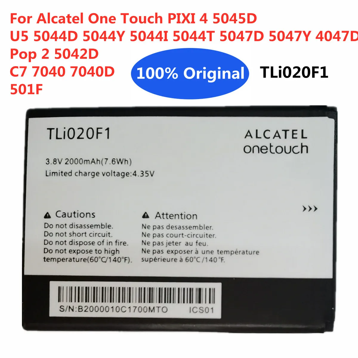 TLi020F1 Battery For Alcatel One Touch PIXI 4 5045D U5 5044D / Y / I / T,5047D 5047Y 4047D Pop 2 5042D C7 7040 7040D 501F Phone
TLi020F1 Battery For Alcatel One Touch PIXI 4 5045D U5 5044D / Y / I / T,5047D 5047Y 4047D Pop 2 5042D C7 7040 7040D 501F Phone