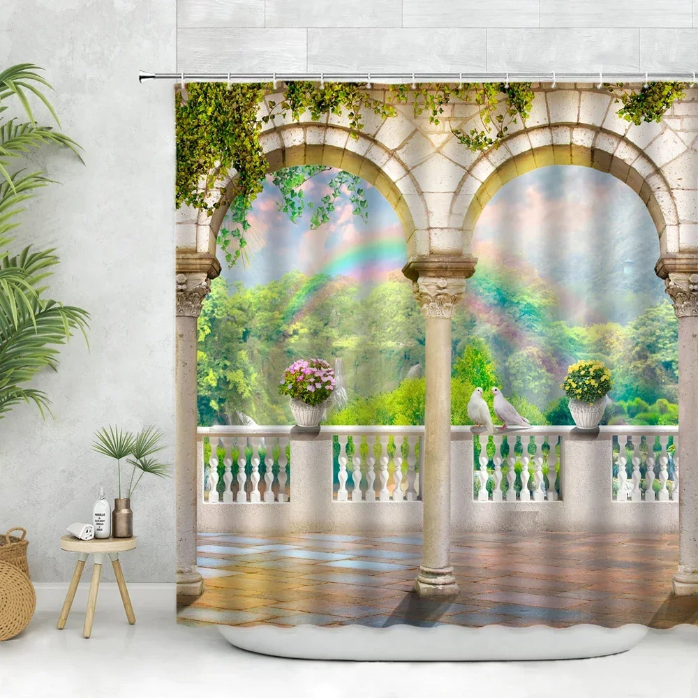 

Штора для душа в Европейском стиле, 3d-занавеска в европейском стиле с изображением цветов, растений, зеленых лесов, арки, природный пейзаж, Настенный декор для ванной комнаты, экран для ванны