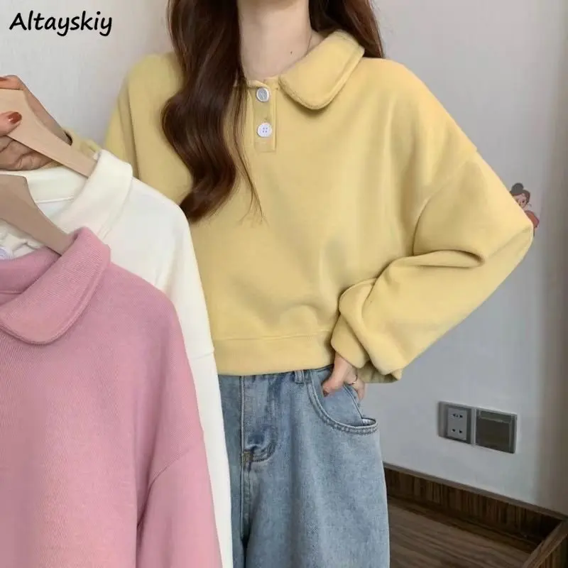 

Turn-down Collar Sweatshirts Women New Students Baggy Young Fashion Chic Simple Ulzzang Cropped Long Sleeve Clothes All-match BF