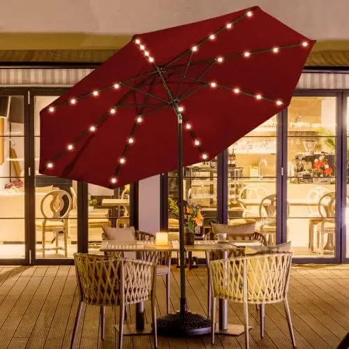 

Outdoor Table Umbrella, Sturdy Solar Led Market Umbrella for Deck, Pool, Garden w/Tilt, Crank, 32 LED Lights - Beige