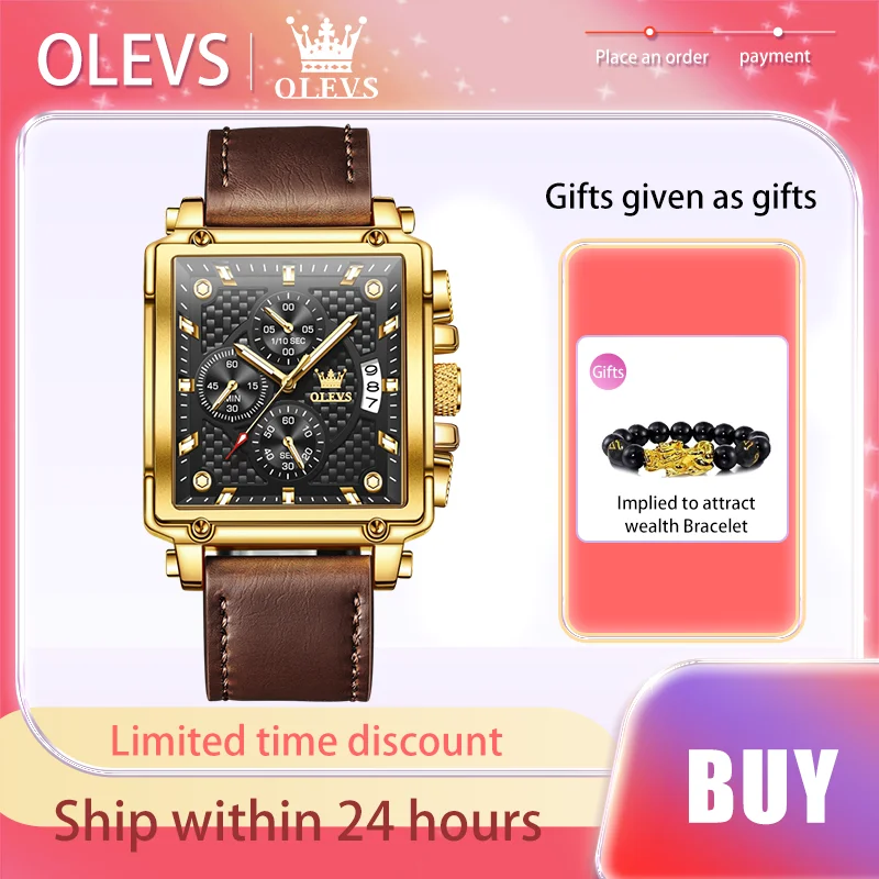 

OLEVS Luxury Brand Men's Watches Rectangular Dial Leather Strap Quartz Watch Waterproof Luminous Chronometer Calendar Original