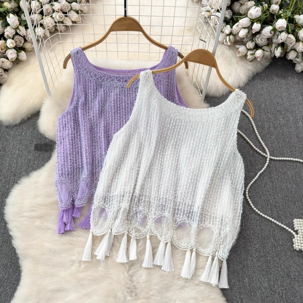 

Clothland Women Elegant Tassel Beading Blouse O Neck Sleeveless Candy Color Shirt Female Fashion Tops Blusa Mujer WA223