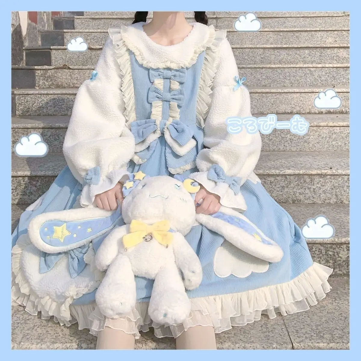 

Winter Velvet Lamb Thickened Warm Lolita Dress Girly Japanese Sweet Clouds Doll Collar Bow Ruffles Cute OP Long Sleeve Dresses