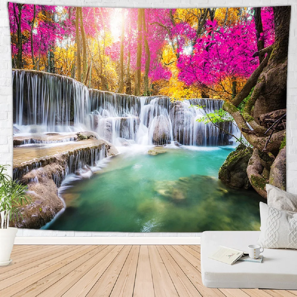 

Nature Waterfall Tapestry Autumn Sunshine Fall Lake Forest Scenery Tapestries Bedroom Living Room Dorm Home Decor Wall Hanging