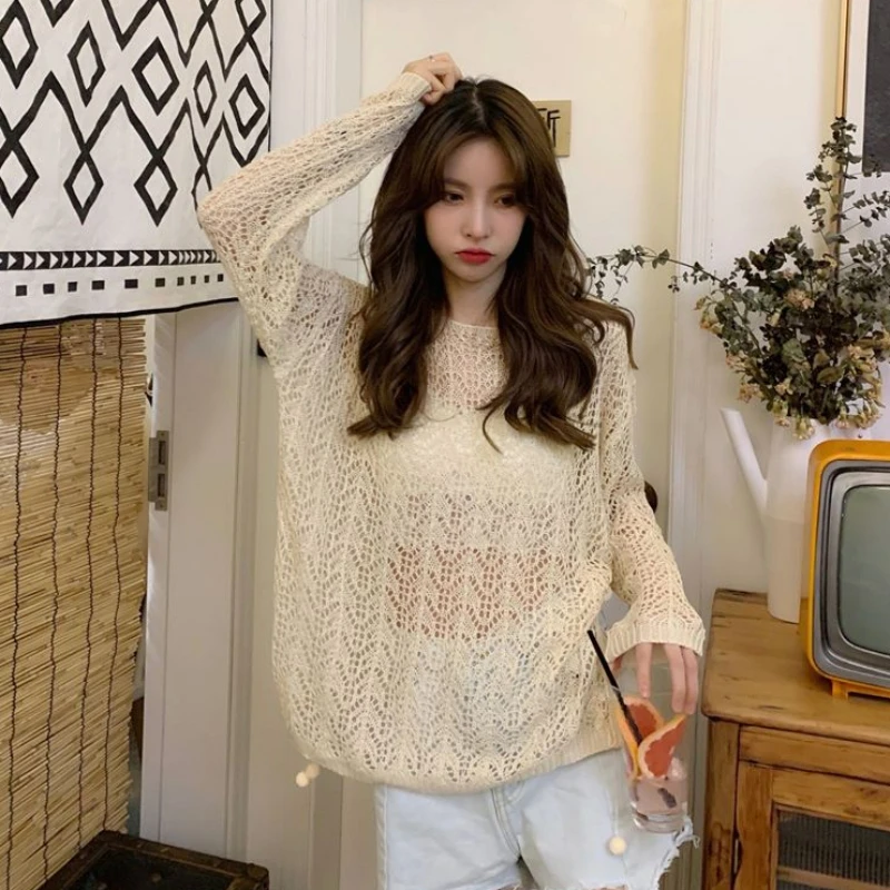 

Long Sleeve Crocheted Hollow Out Sun Protection Knitted Tops 2024 Summer Women's Loose-Fitting Solid Color Lace Mesh Pullover