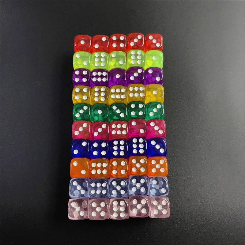 100Pcs/Lot 10Colors 14mm Transparent Dice Acrylic Rounded Corner Drinking Dice Nightclub Bars KTV Entertainment Dice Set Toys
100Pcs/Lot 10Colors 14mm Transparent Dice Acrylic Rounded Corner Drinking Dice Nightclub Bars KTV Entertainment Dice Set Toys