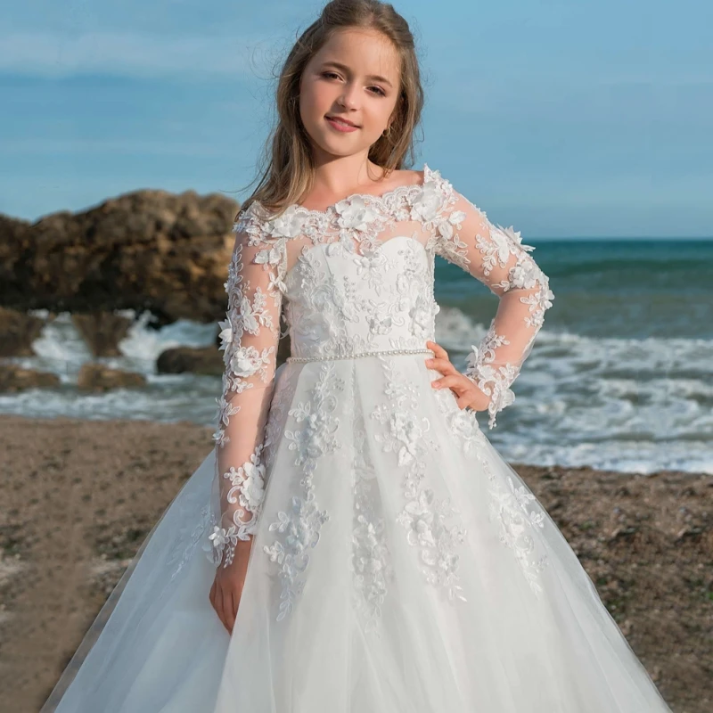 

New Arrivals Flower Girls Long Sleeves Ball Gowns With Pearls Sash Holy First Communion Princess Dresses