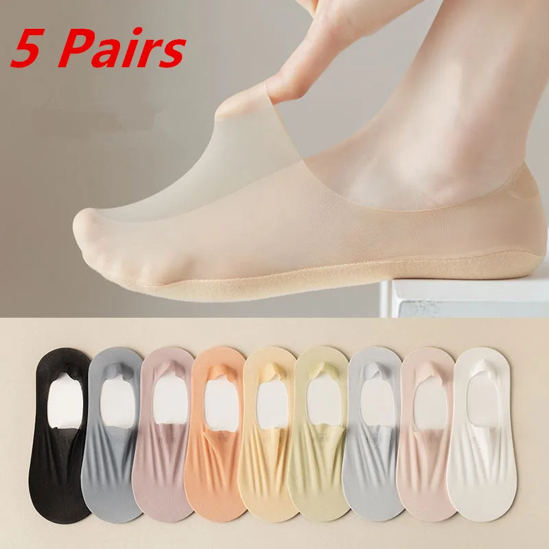 

5 Pairs/Lot Short Socks Women's Summer Ultra-thin Invisible Low Cut Silicone Anti-slip Mesh No Show Ice Silk Solid Boat Socks