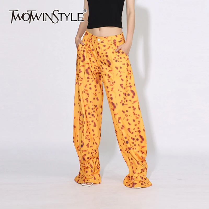 

TWOTWINSTYLE Loose Colorblock Patchwork Button Full Length Pant For Women High Waist Spliced Pocket Casual Wide Leg Pants Female