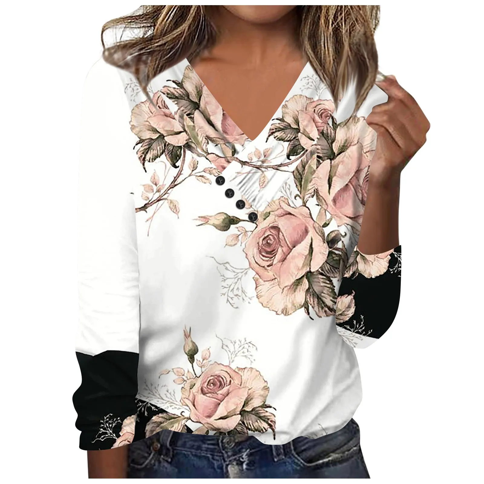 

Women's V-neck Button Foral Print T-Shirt Casual Mercerized Cotton Jacquard Long Sleeved Loose Fitting Top Autumn and Winter New