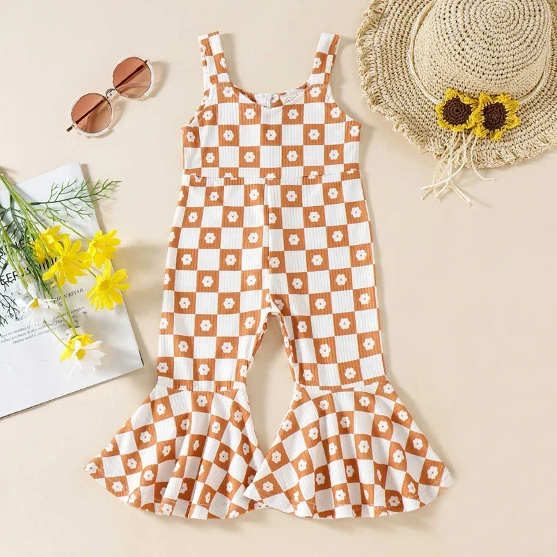 

1-5 Years Kids Baby Girls Overalls Bohemia Flowers Jumpsuits Summer Sleeveless Playsuit Child Casual Long Strap Flared Pants