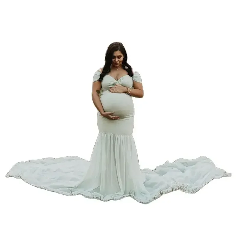 

Maternity Long Cotton Gown Pregnancy Fishtail Dress Photography Props Photo Shoot Sexy Off Shoulder Pregnant Woman Maxi Clothes