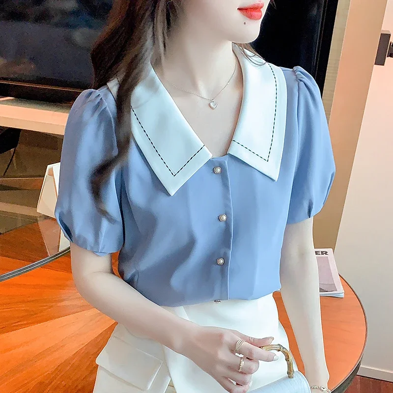 New Elegant Short Sleeve Peter Pan Collar Women's Shirts Summer French Chiffon Shirt Women Female Clothing Woman Tops 25652
New Elegant Short Sleeve Peter Pan Collar Women's Shirts Summer French Chiffon Shirt Women Female Clothing Woman Tops 25652