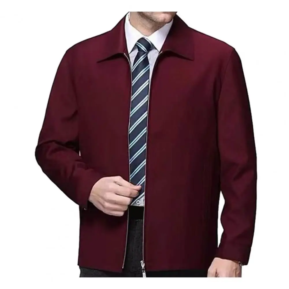 

Lapel Design Winter Coat Men's Mid-aged Father Daily Jacket with Turn-down Collar Smooth Zipper Closure Solid Color for Fall