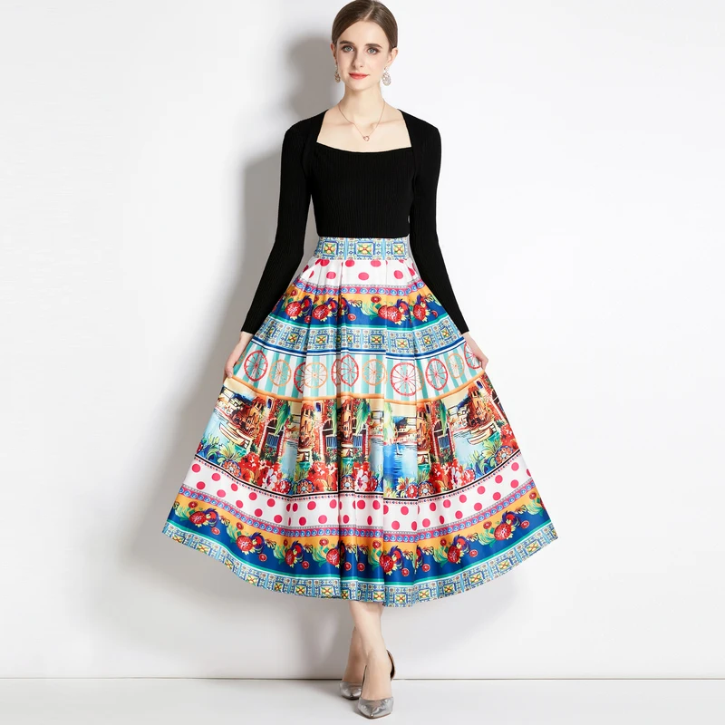 Fashion two-piece set autumn and winter women's black sweater top + floral print pleated long skirt
Fashion two-piece set autumn and winter women's black sweater top + floral print pleated long skirt