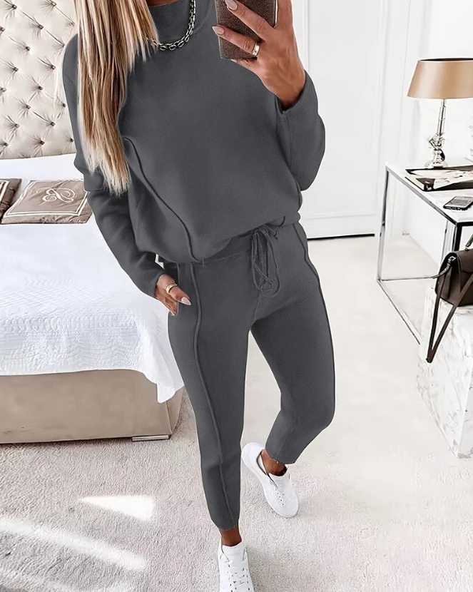 

Woman Trousers Two Piece Outfits Female Casual Clothing New Women's Fashion Contrast Piping Top & Drawstring Pants Set