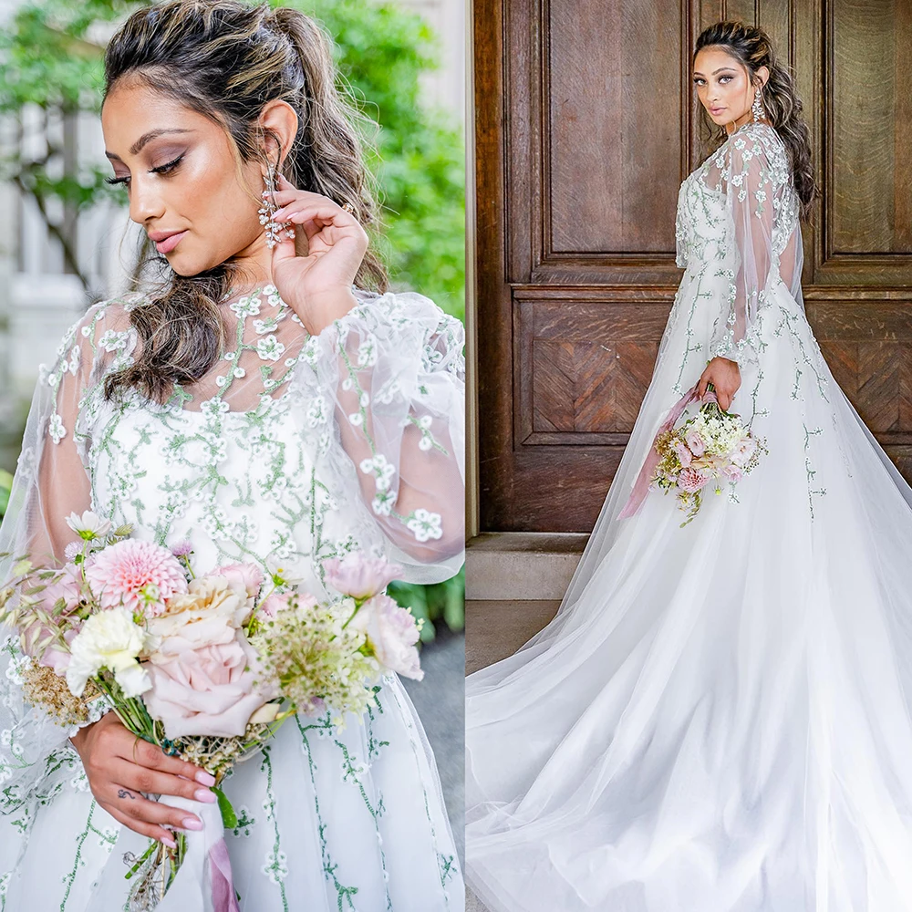 Long Puffy Sleeves Embroidered Tulle Wedding Dress Custom Made High Neck Green Pastrol Modest Transparent Back Bridal Gown
Long Puffy Sleeves Embroidered Tulle Wedding Dress Custom Made High Neck Green Pastrol Modest Transparent Back Bridal Gown