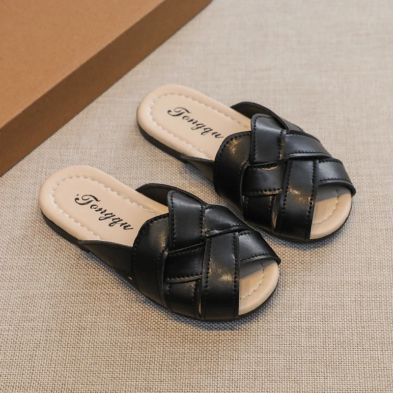 

Children Beach Slippers Braided Peep Toe Shoes 26-36 Girl's Sliders Casual Morden Black White Kids Flat Sandals