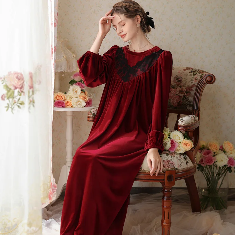 Winter Sexy Lace Applique O-Neck Full Sleeve Velour Long Nightdress Sleepwear Nightgown Women Gold Velvet Homewear Nightwear
Winter Sexy Lace Applique O-Neck Full Sleeve Velour Long Nightdress Sleepwear Nightgown Women Gold Velvet Homewear Nightwear