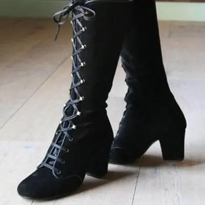 

2023 Medieval Women's Casual Riding Boots Winter Lace Up Suede Long Tube Knight Boot Female High Heel Cowboy Shoes Mid-Calf Sexy