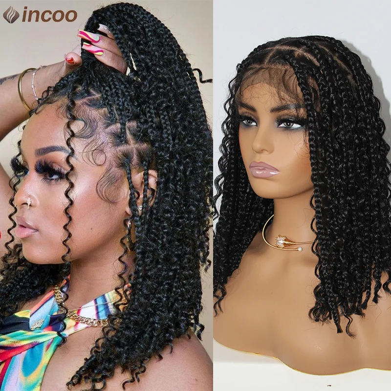 

Short Bohemian Curly Braided Full Lace Front Wigs Knotless Box Braid Bob Wig For Women 12' Synthetic Locs Goddess Cornrow Braids