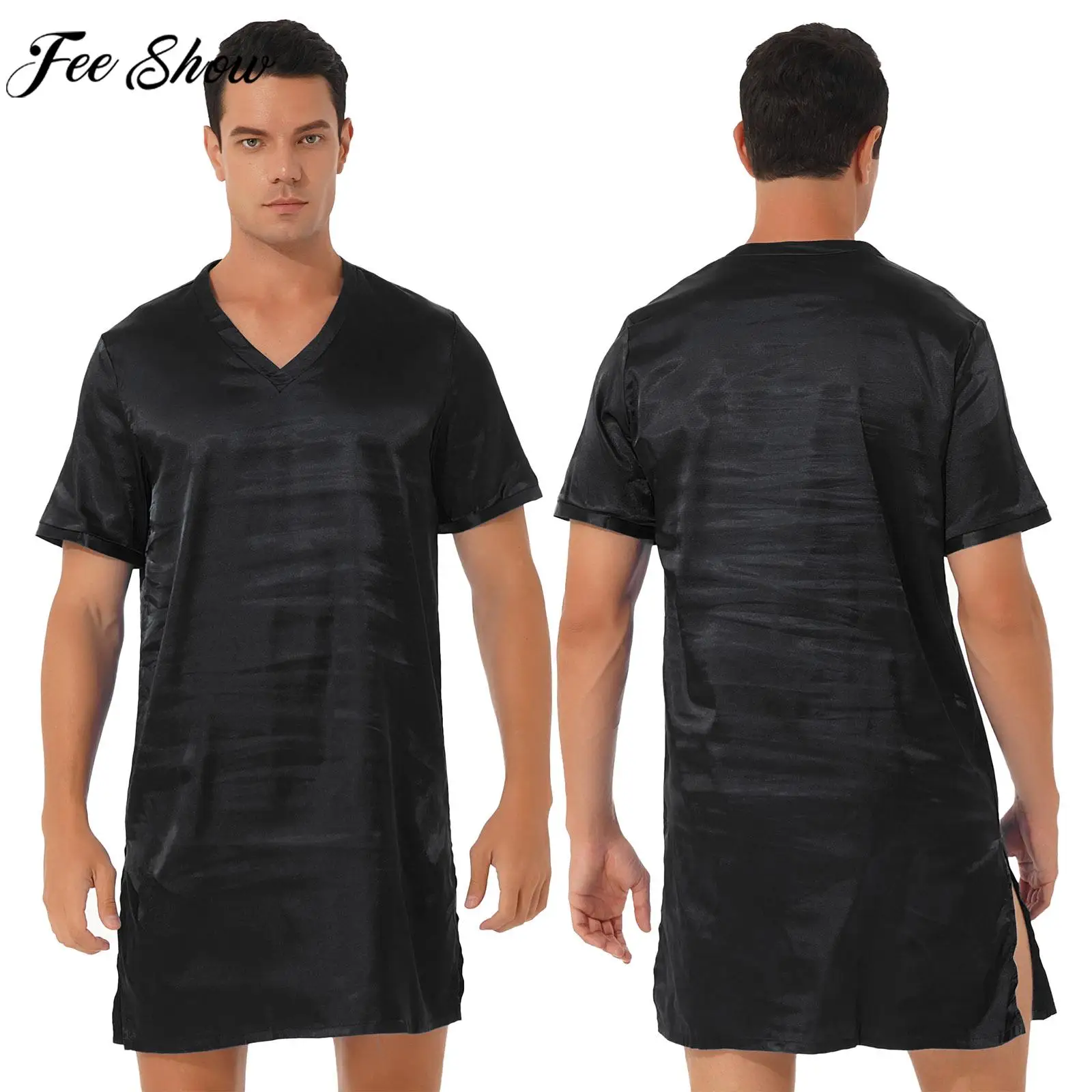 

Men Silky Soft Nightgown Women Satin Nightdress Pajama Short Sleeve Bathrobe Sleepwear Loungewear Sides Split Nightwear Homewear