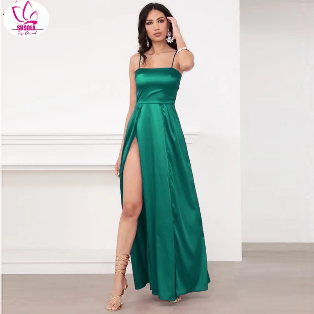 

Lady New Women Sexy Summer Long Satin Dress Padded BOW Straps Lace Up 2 Slits Green Blue Red Evening Party Gown Maxi Dresses y2k