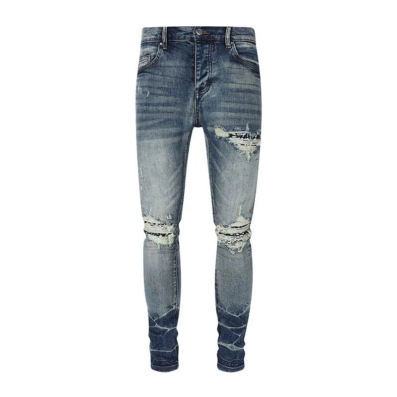 

Street Fashion Men Jeans Retro Blue Stretch Skinny Fit Ripped Jeans Men Bandanna Printed Patched Designer Hip Hop Brand Pants