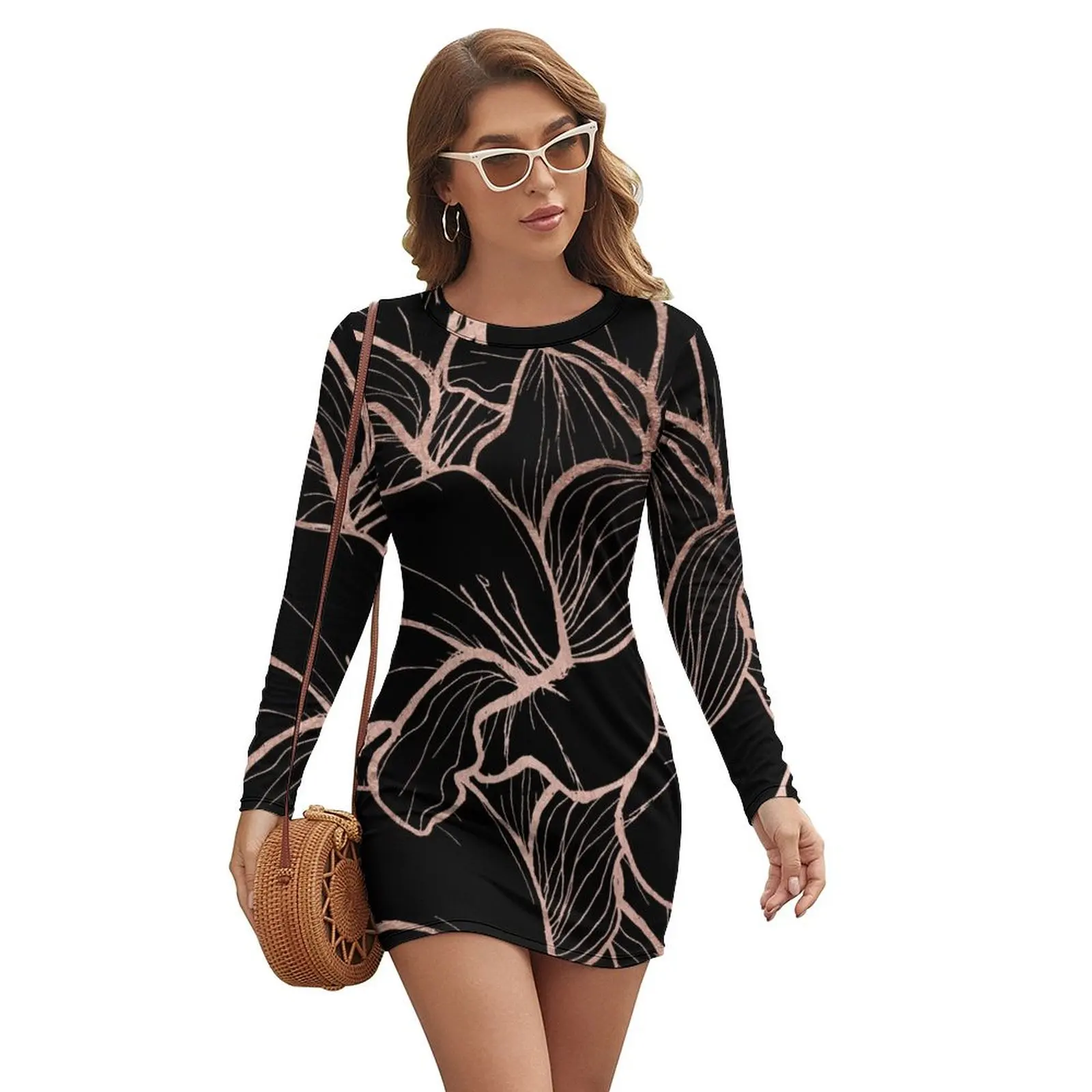 Modern rose gold abstract handdrawn floral pattern on black Long-sleeved Dress Women's skirt Dress women
Modern rose gold abstract handdrawn floral pattern on black Long-sleeved Dress Women's skirt Dress women
