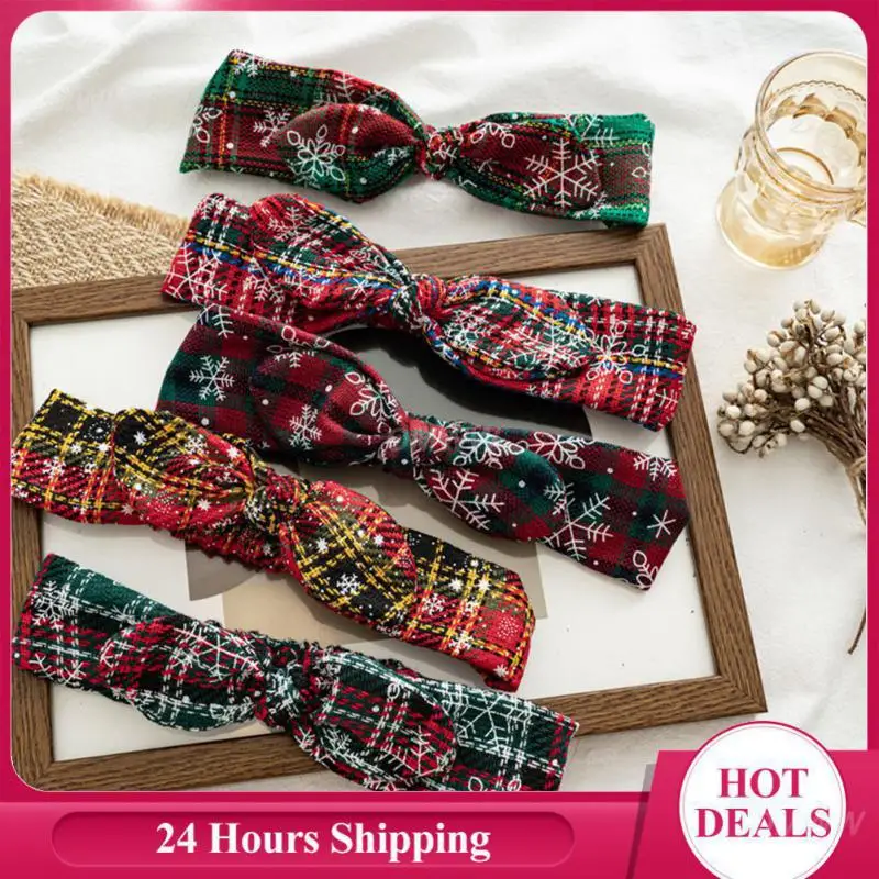 

New Year Christmas Hairbands Rabbit Ear Bowknot Print Elastic Hairbands Plaid Snowflake Christmas Decorations Gifts