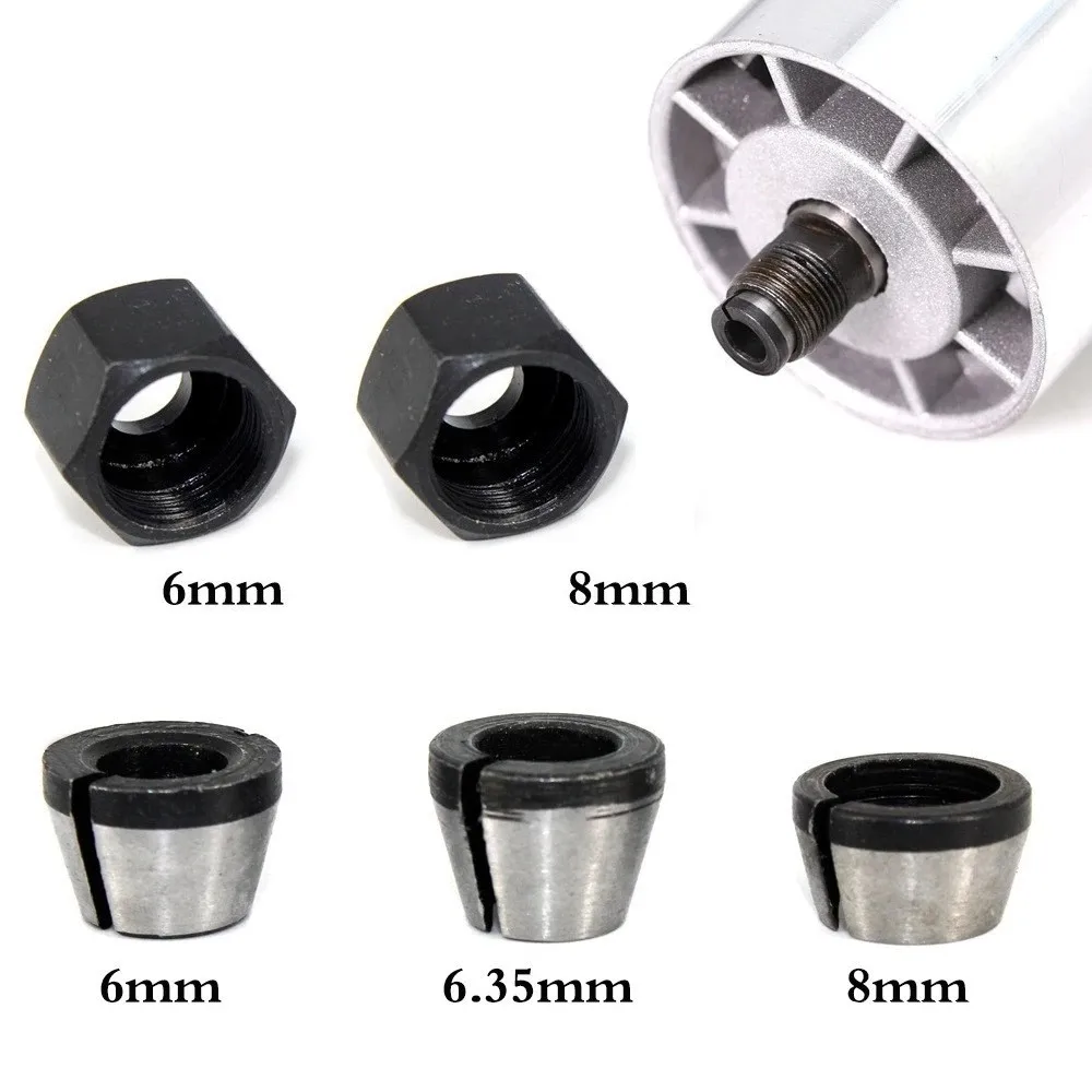 5pcs/set Trimmer Collet Chuck Router Bit Engraving Trimming Machine 1/4" 6mm 8mm Router Bit Collet Mounting Nuts
5pcs/set Trimmer Collet Chuck Router Bit Engraving Trimming Machine 1/4" 6mm 8mm Router Bit Collet Mounting Nuts
