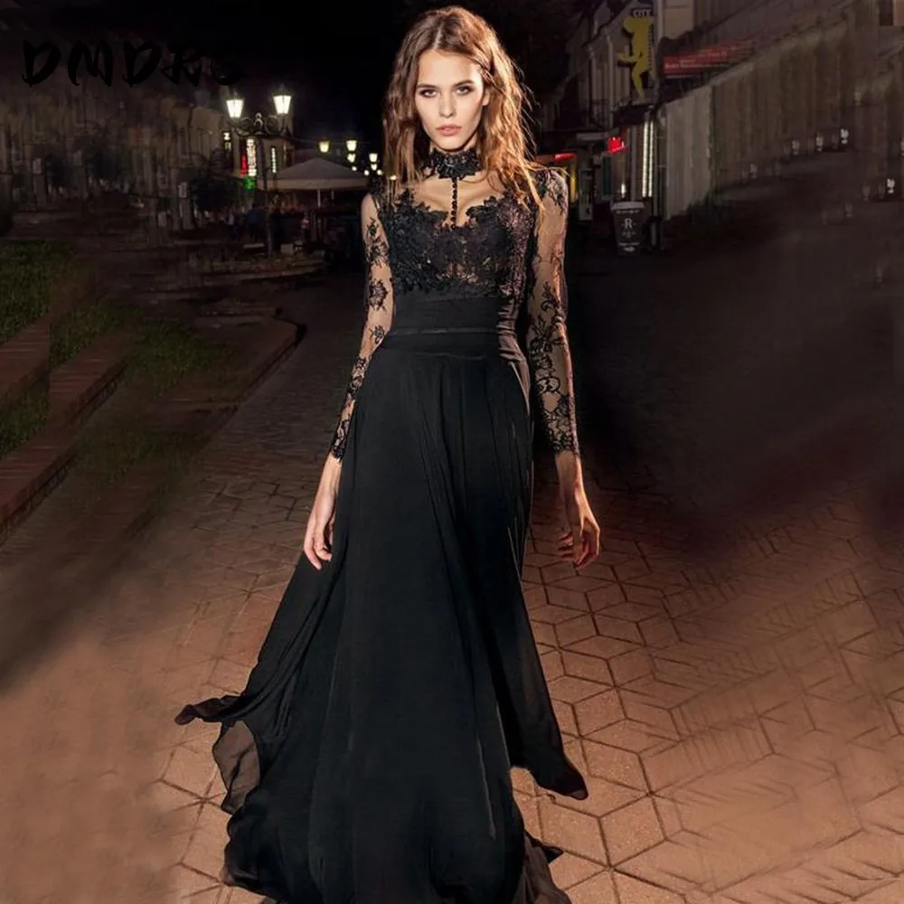 Sexy A-line High Neck Black Lace Chiffon Prom Dresses Long Sleeves Illusion Back Floor Length Evening Party Gowns
Sexy A-line High Neck Black Lace Chiffon Prom Dresses Long Sleeves Illusion Back Floor Length Evening Party Gowns